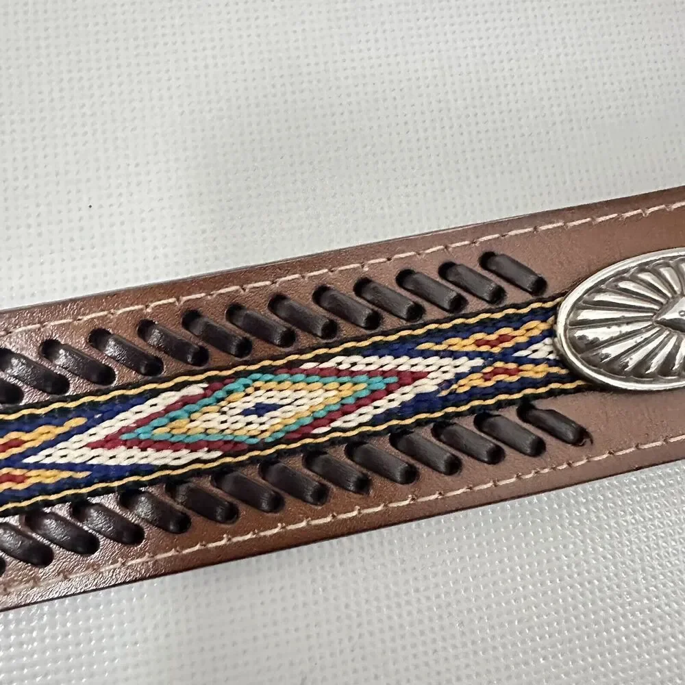 Western Belt Brown Man Made Concho Tooled Aztec Design Westerncore Cowboy 36